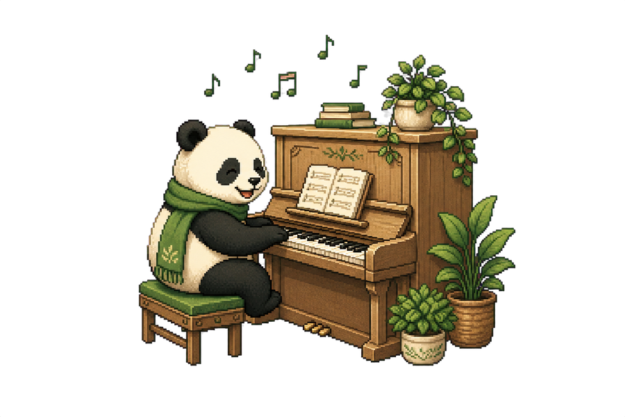 Panda en pixel art jouant du piano